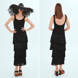 Mango x Simon Miller Black Fringe Knit Maxi Dress Size US 4 NWOT
